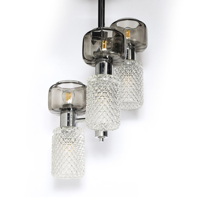Glass Mid-Century Pressed Crystal & Smoked Murano Glass Staggered 3-Arm Pendant For Sale - Image 7 of 14