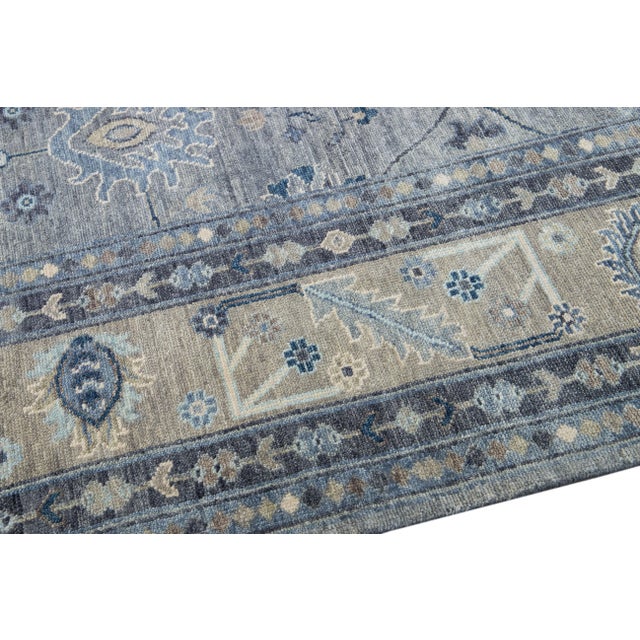 Modern Oushak Style Handmade Floral Motif Gray and Beige Square Wool Rug For Sale In New York - Image 6 of 9