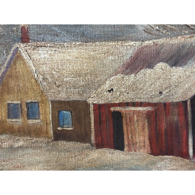 Farmhouse Original Winter Farm Landscape Oil Painting in Carved Wood Frame | Snow Covered Country Scene For Sale - Image 3 of 9