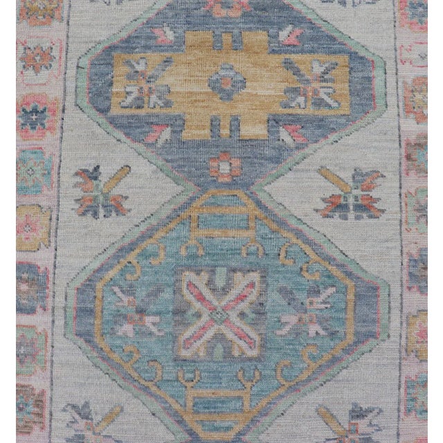 Textile Colorful Modern Oushak Runner With Diamond Medallions and Multi-Tier Border For Sale - Image 7 of 12