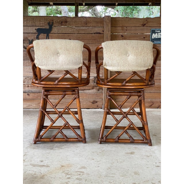 Wood Vintage Coastal Chippendale Rattan Swivel Counter Stools-Pair For Sale - Image 7 of 12