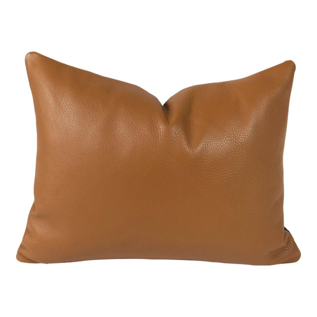 Contemporary Tan Leather + Blue Contrast Pillow For Sale