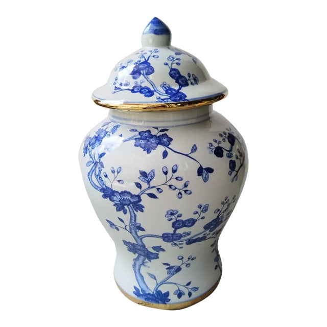Pair of Floral Ginger Jars With Gold Edging 18" High For Sale