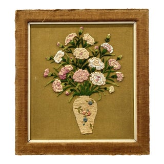 Vintage Floral Crewel Embroidery Wall Art With Burlap Border For Sale