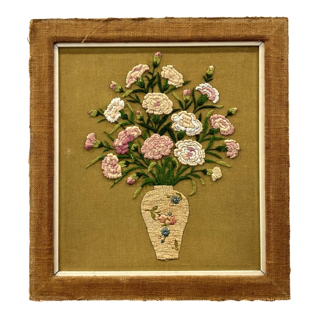 Vintage Floral Crewel Embroidery Wall Art With Burlap Border For Sale