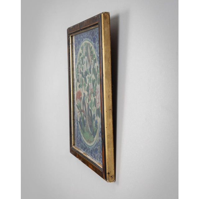 Antique Chinese Export watercolor on rice paper of fanciful blue and brown feathered birds, butterfly, peonies, lilies and...