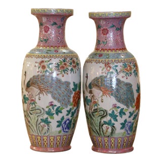 Pair of Mid-Century Chinese Famille Rose Hand Painted Porcelain Vases For Sale