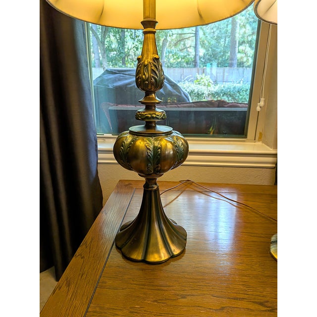 Mid 20th Century Hollywood Regency Rembrandt Brass Lamps With Original Shades - A Pair For Sale - Image 9 of 12