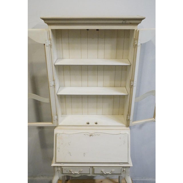 Late 20th Century Ethan Allen Country French Collection Off White 32" Secretary Desk W. Display Hutch - Hand Painted Accents 26-9204 / 26-9205 For Sale - Image 5 of 18