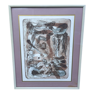 1977 Mid-Century Modern Lithograph Surrealism Abstract Signed Art, Framed