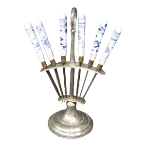 German Uchatius Bronze Blade Set of 10 Fruit Knives With Blue Meissen Porcelain Handles