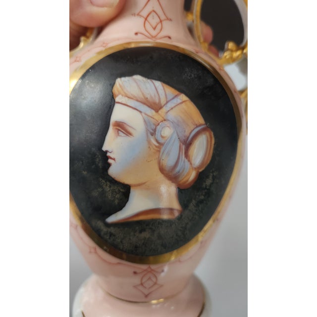 Antique Bohemian Pink Portrait Porcelain Vase With Gilt Handles, Circa 1900 For Sale - Image 14 of 17