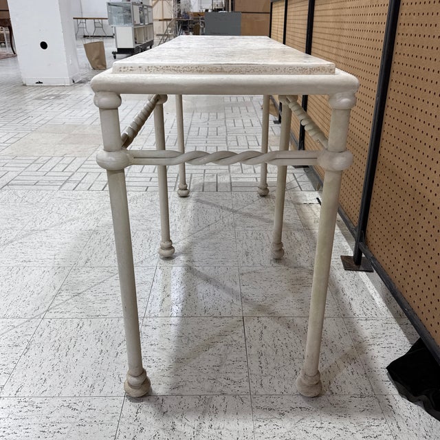 1970s Vintage Off White Wrought Iron Console Table Travertine Stone Top Hollywood Regency For Sale - Image 5 of 7