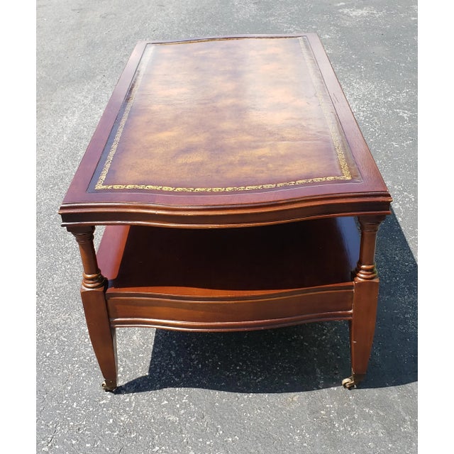 1950s 1958 Hollywood Regency Mahogany Tooled Leather Top and Gilt Stencil Coffee Table For Sale - Image 5 of 9