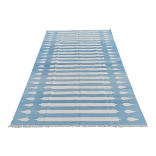 Handmade Cotton Natural Vegetable Dyed Reversible Blue and White Striped Rug - 9'x12' For Sale