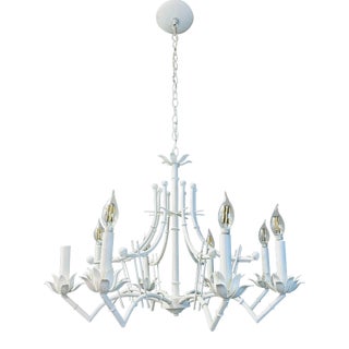 Midcentury Palm Beach Regency White Faux-Bamboo 8-Light Chandelier For Sale