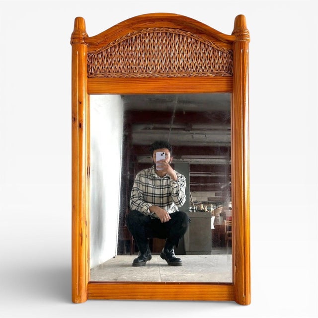 Large Antique English Rustic Pine Farmhouse Wall Mirror with Arched Wicker Panel For Sale - Image 4 of 10