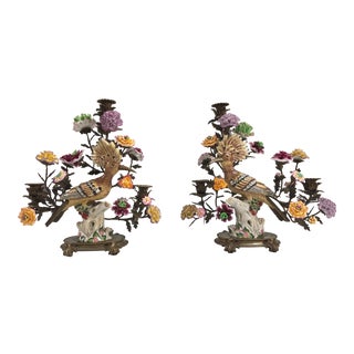 Chinoiserie Regency Exotic Opposing Heron Birds Porcelain and Bronze Candlelabras - A Pair For Sale