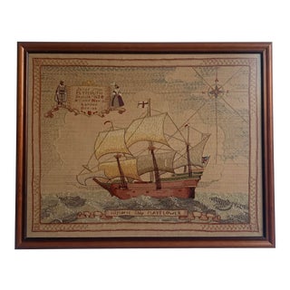 Vintage Framed Tapestry “historic Ship Mayflower” For Sale
