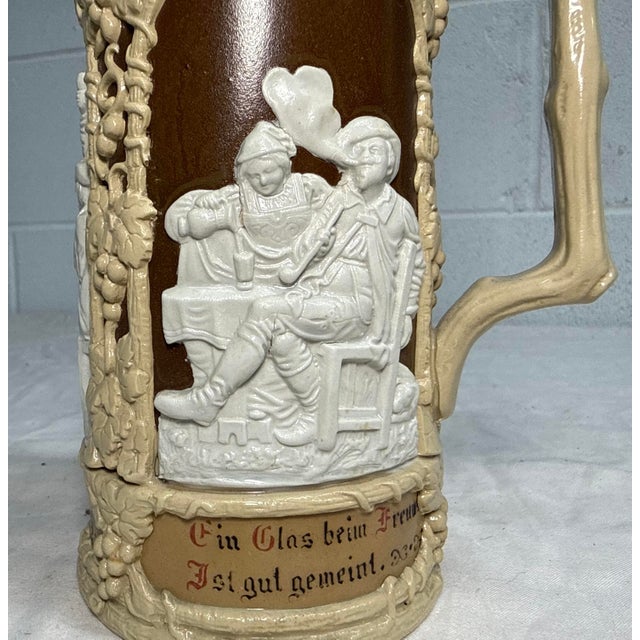 19th Century Antique 1800's German Mettlach Villeroy Boch Pottery Pewter Lidded Beer Stein For Sale - Image 5 of 14