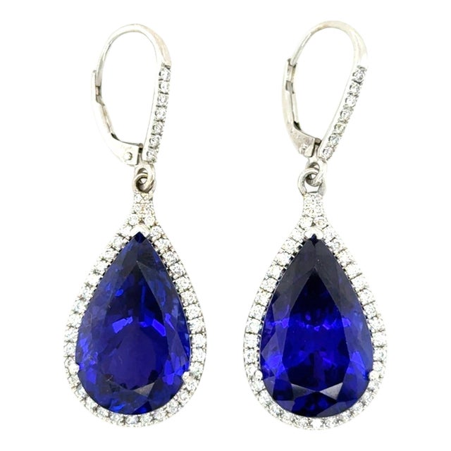 Late 20th Century 25.35 Carat Tanzanite and Diamond Drop Earrings, 14k White Gold, Pair For Sale