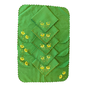 Set of 9 Vintage Embroidered Placemats and Napkins
