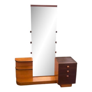Early 20th Century Art Deco Gilbert Rohde Walnut Vanity With Stool & Mirror For Sale