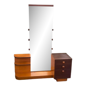 Early 20th Century Art Deco Gilbert Rohde Walnut Vanity With Stool & Mirror