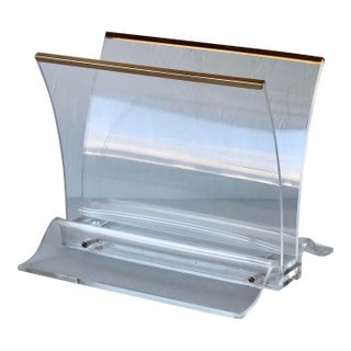 Vintage Thick Lucite Gold Trim Detail Magazine Rack For Sale