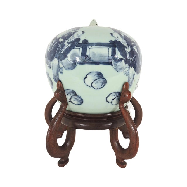 Antique Qing Dynasty Celadon Glazed Chinese Ginger Jar on Elegant Stylised Rosewood Stand, Blue and White For Sale - Image 9 of 12