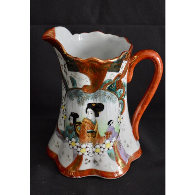 Antique Porcelain Pitcher Japanese Kutani Geisha Ware Hand Painted Gold Red Jug For Sale - Image 10 of 12
