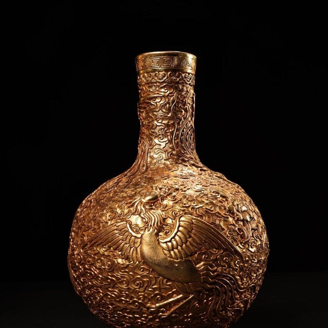 Late 20th Century Vintage Chinese Gilt Bronze High Relief Phoenix Vase With Painted Dragon Box - 1700g For Sale - Image 5 of 9