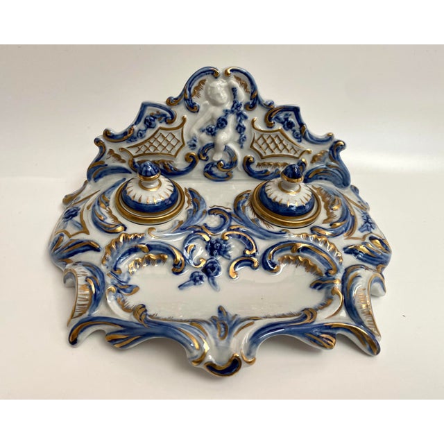 Black Porcelain Inkwell with Embossed Gold Accents Hand-Painted Desk Decor, France, 1890s For Sale - Image 8 of 8