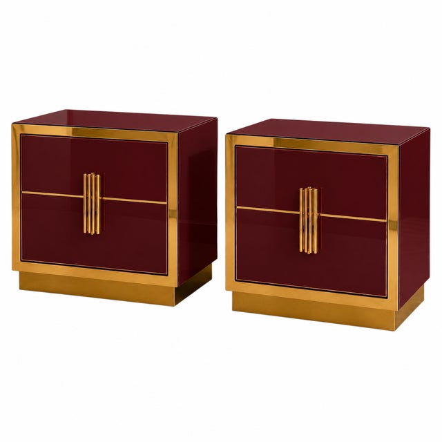 A deep burgundy glass finish defines this pair of made-to-order bedside cabinets by Justfurnituress. Handcrafted in Italy,...