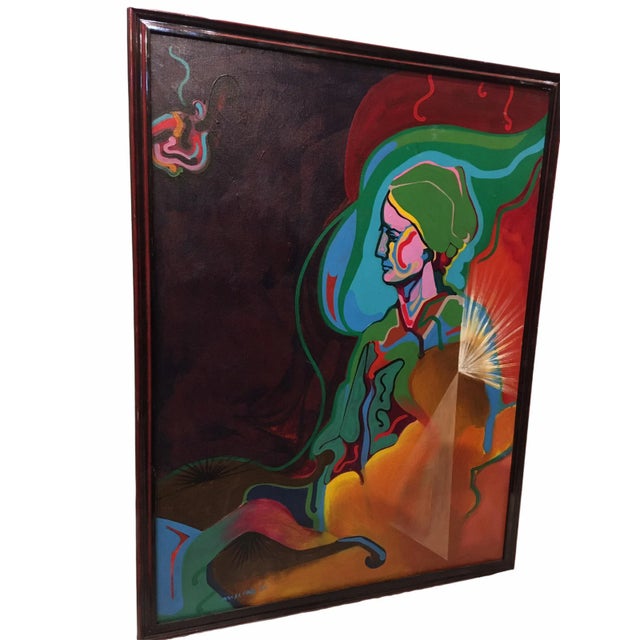 Very colorful mid-century oil on canvas painting. This figurative abstract piece is a portrait of a seated woman and...