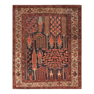 1900s Blue Navy Rustic Cypress Trees Antique Persian Bakhtiari Rug 4' X 5' Handknotted Wool Carpet For Sale