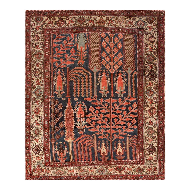 1900s Blue Navy Rustic Cypress Trees Antique Persian Bakhtiari Rug 4' X 5' Handknotted Wool Carpet For Sale
