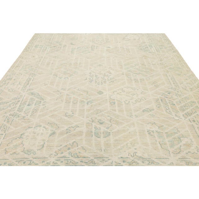 9x12 Modern Oushak Style Hand-Knotted Wool Rug – Neutral Ivory & Sage Geometric For Sale - Image 9 of 11