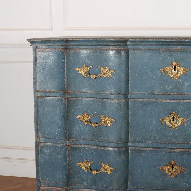 Wonderful 18th C Danish 2 part painted oak serpentine chest of drawers. Great scale. 1760. This piece is designed in the...