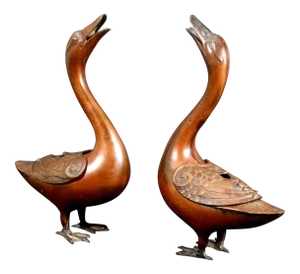 Japanese Bronze Geese Koro - a Pair