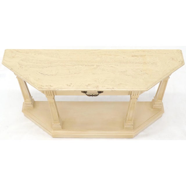 Beige White Wash Finish One Drawer Wrap Around Shape Marble Top Console For Sale - Image 8 of 13