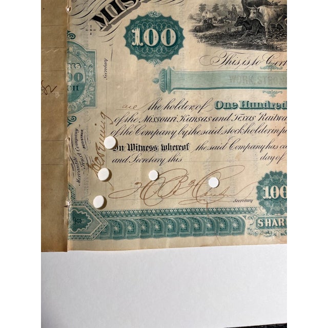 Antique 1882 Missouri-Kansas-Texas Railway Stock Certificate 100 Shares Framed For Sale - Image 4 of 12
