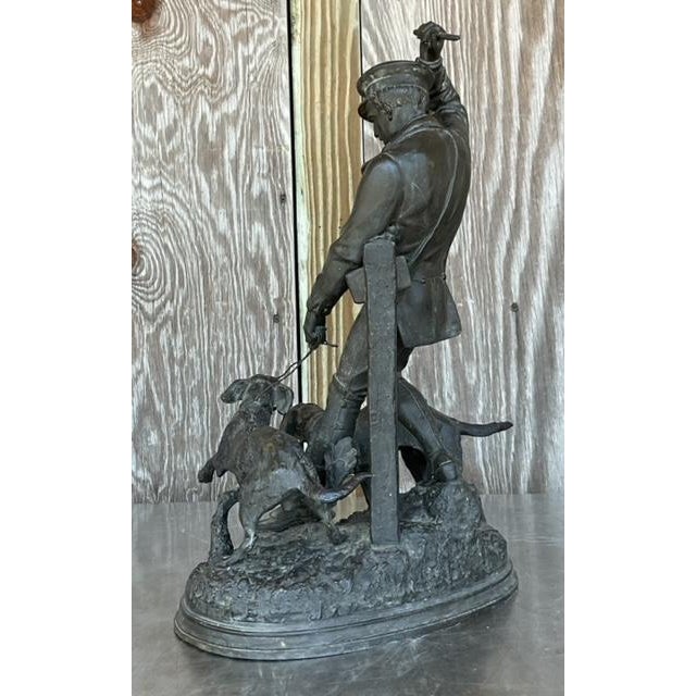 American Vintage Boho Patinated Metal Man With Hounds Sculpture For Sale - Image 3 of 8