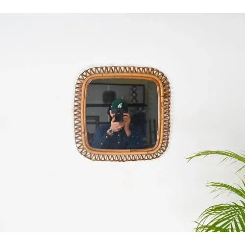 Mid-Century French Riviera Square Rattan and Wicker Wall Mirror by Franco Albini, 1960s For Sale - Image 3 of 12