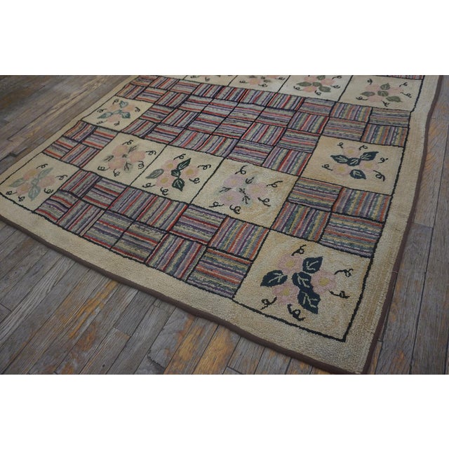 Remarkable Beige Color With Geometric and Floral Design Vintage American Hooked Rug For Sale - Image 15 of 15