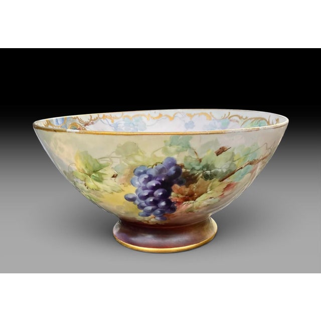 Art Nouveau Antique Limoges Porcelain Punch Bowl, Hand-Painted Grapes, France For Sale - Image 3 of 17