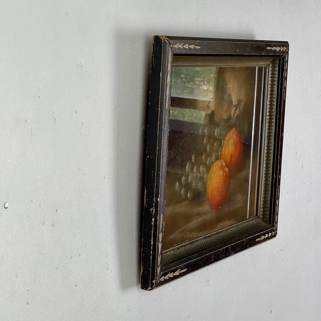 Wood Antique Signed Oil on Board Still Life Painting of Oranges & Grapes; Wood Frame With Carved Details For Sale - Image 7 of 10