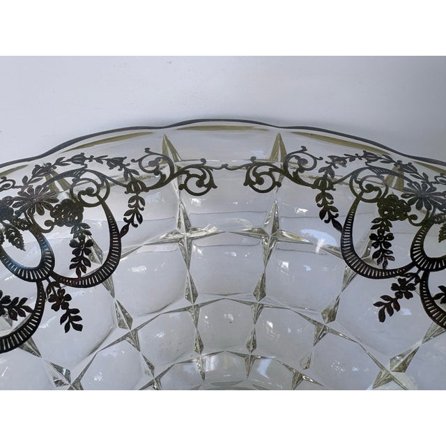 Mid-Century Silver Overlay Pressed Glass Centerpiece Bowl With Scalloped Rim For Sale In Orlando - Image 6 of 11