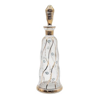 Bohemian Czech Crackle Glass Decanter With 24k Gold and Blue Enamel Floral Motif, 13” For Sale