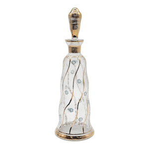 Bohemian Czech Crackle Glass Decanter With 24k Gold and Blue Enamel Floral Motif, 13”
